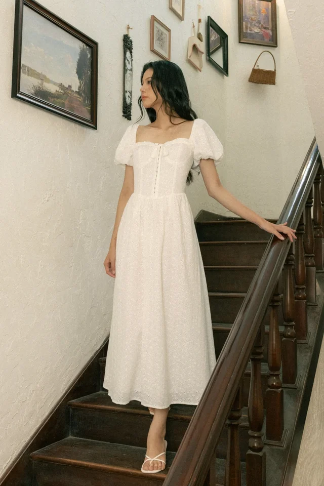 LEIGH PADDED LINEN CORSET RIBBON TUBE MIDAXI DRESS (EYELET)
