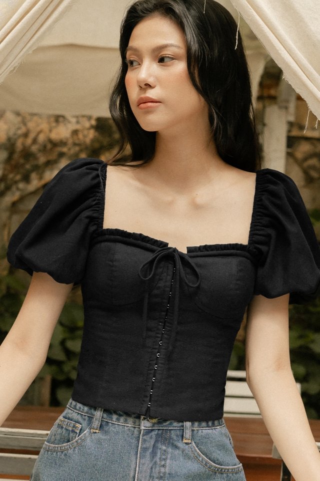 ELLERY PADDED LINEN CORSET RIBBON TUBE TOP (BLACK)