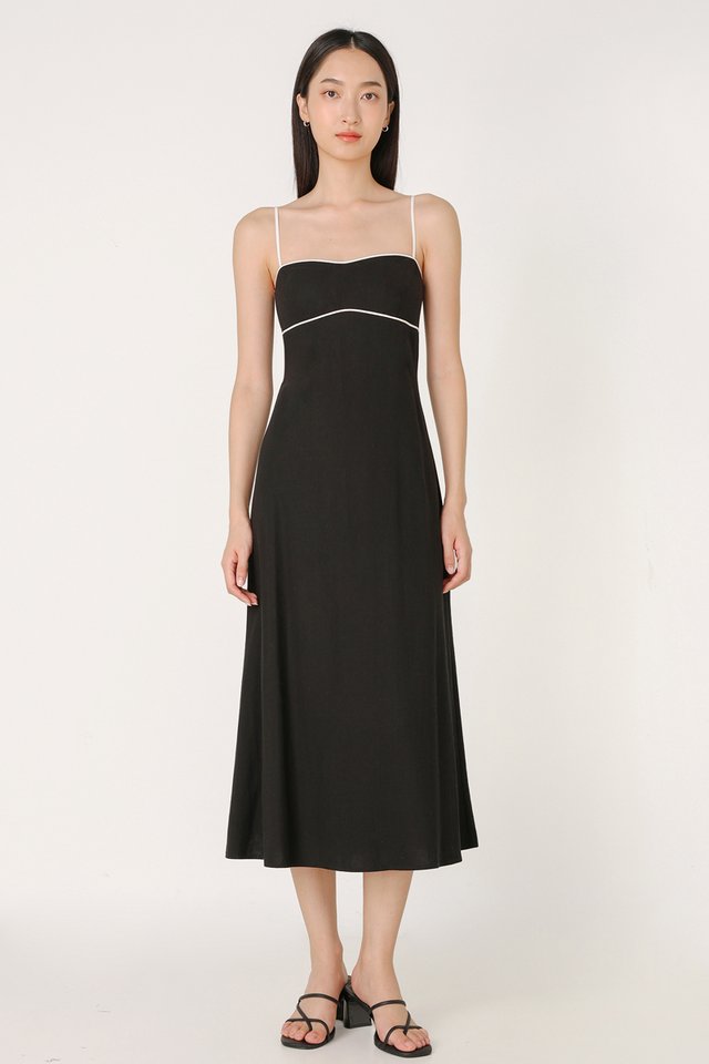 BECCA PADDED LINEN CONTRAST TRIM SWEETHEART MIDAXI DRESS (BLACK)