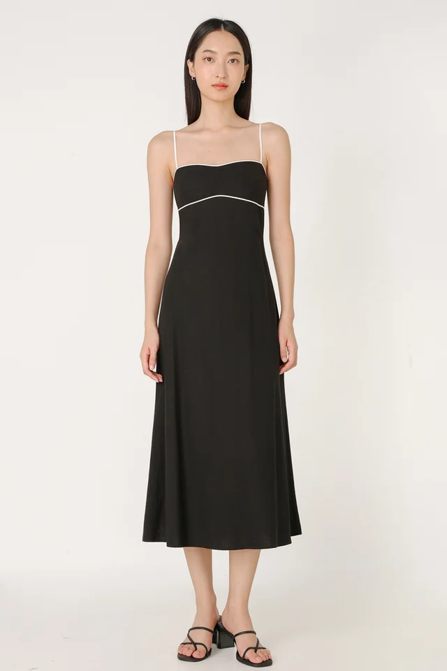 BECCA PADDED LINEN CONTRAST TRIM SWEETHEART MIDAXI DRESS (BLACK)