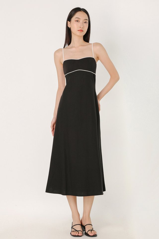 BECCA PADDED LINEN CONTRAST TRIM SWEETHEART MIDAXI DRESS (BLACK)