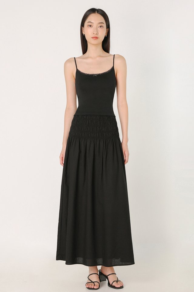 JOLYN SMOCKED WAIST FLARE MAXI SKIRT - REGULAR (BLACK)