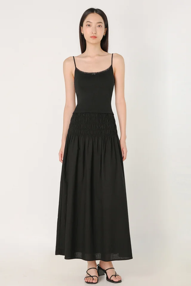 JOLYN SMOCKED WAIST FLARE MAXI SKIRT - REGULAR (BLACK)
