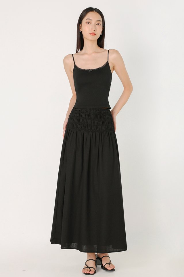 JOLYN SMOCKED WAIST FLARE MAXI SKIRT - REGULAR (BLACK)