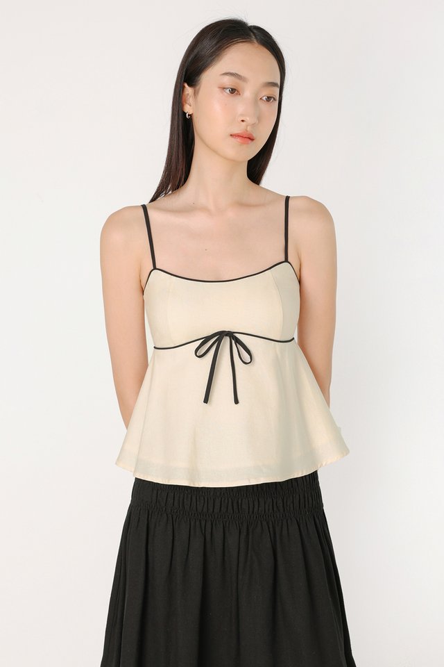 FAE PADDED LINEN CONTRAST PIPING BABYDOLL CAMI TOP (CRÈME WITH BLACK PIPING)