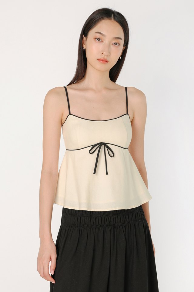 FAE PADDED LINEN CONTRAST PIPING BABYDOLL CAMI TOP (CRÈME WITH BLACK PIPING)