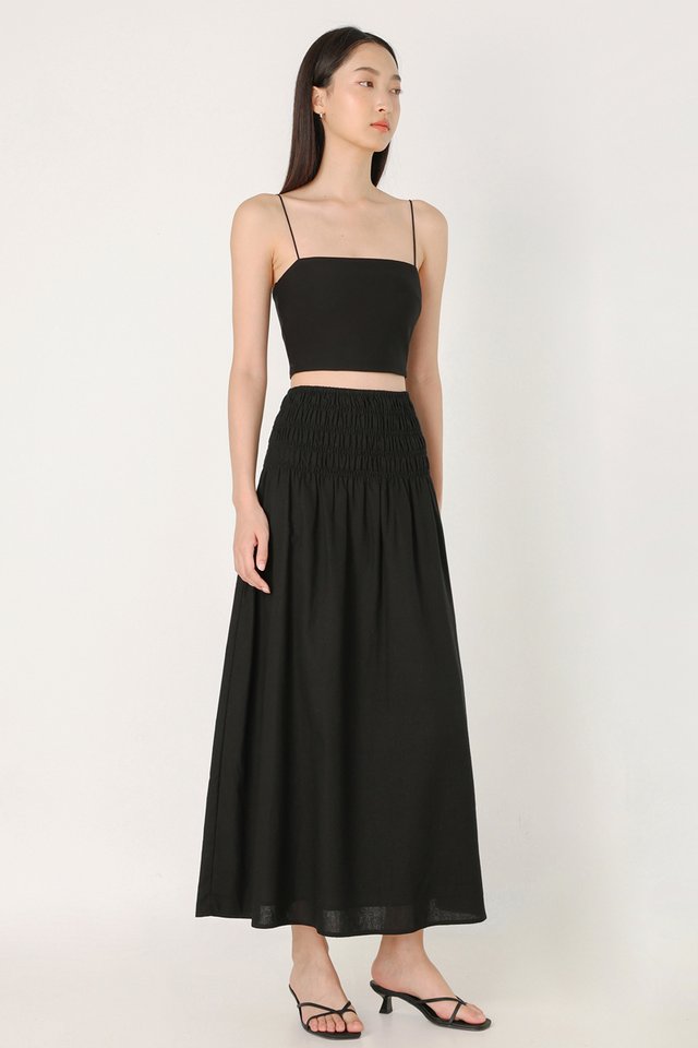 JOLYN SMOCKED WAIST FLARE MAXI SKIRT - PETITE (BLACK)