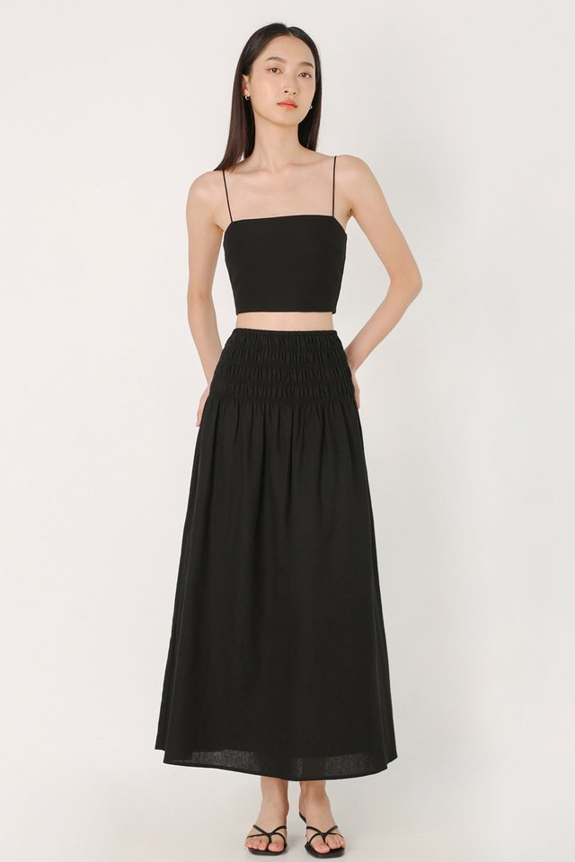 JOLYN SMOCKED WAIST FLARE MAXI SKIRT - PETITE (BLACK)