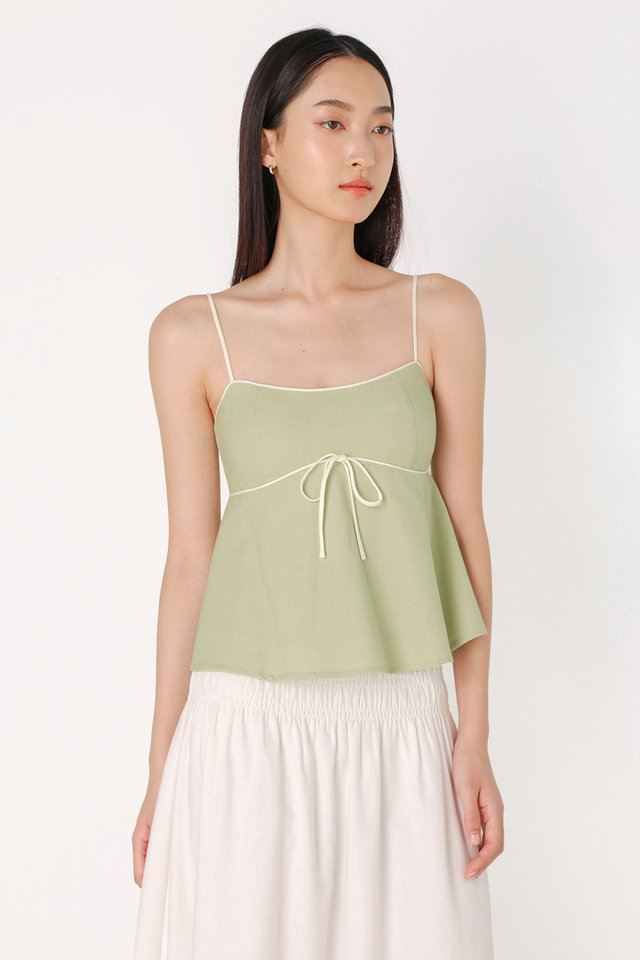 FAE PADDED LINEN CONTRAST PIPING BABYDOLL CAMI TOP (SAGE WITH WHITE PIPING)