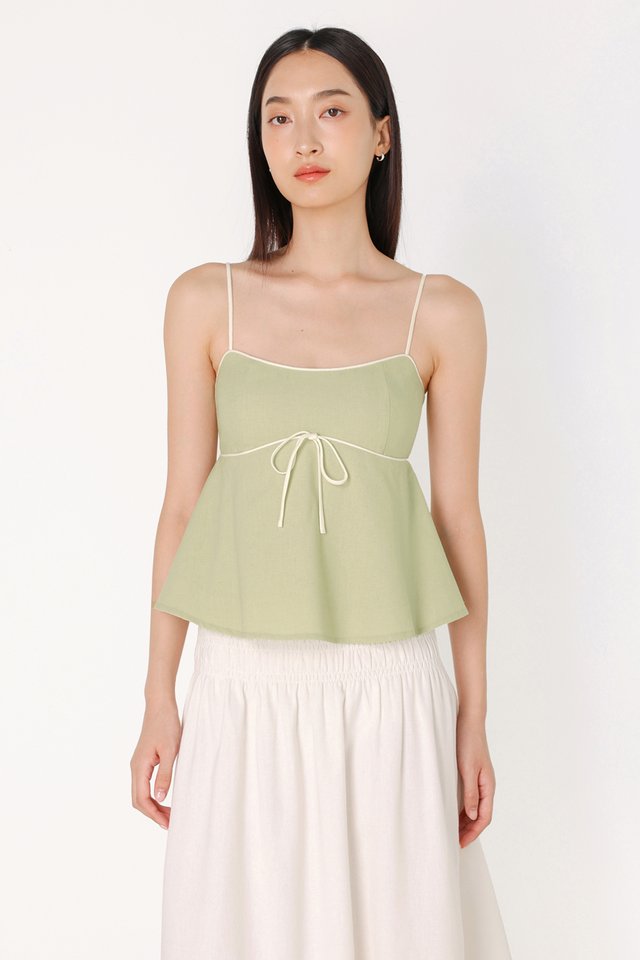 FAE PADDED LINEN CONTRAST PIPING BABYDOLL CAMI TOP (SAGE WITH WHITE PIPING)
