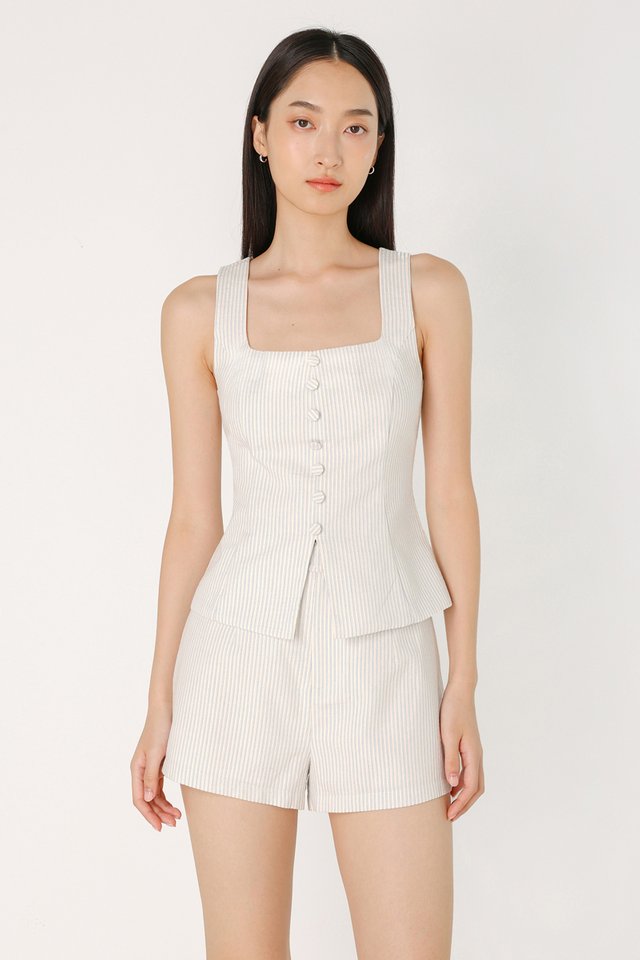 NOELLA LINEN PINSTRIPE BUTTON VEST TOP (WHITE WITH BLUE STRIPED)