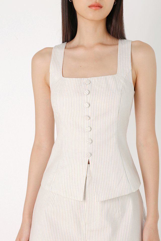 NOELLA LINEN PINSTRIPE BUTTON VEST TOP (WHITE WITH BLUE STRIPED)
