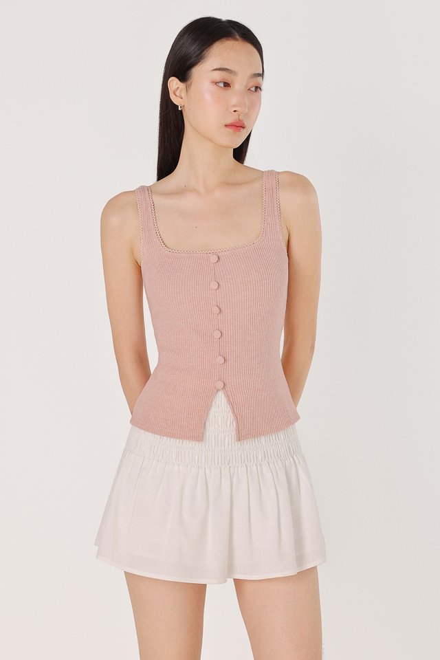 LEYNA EYELET TRIM SQUARE NECK RIBBED BUTTON TOP (PINK)