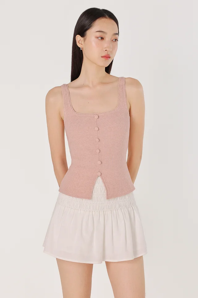 LEYNA EYELET TRIM SQUARE NECK RIBBED BUTTON TOP (PINK)