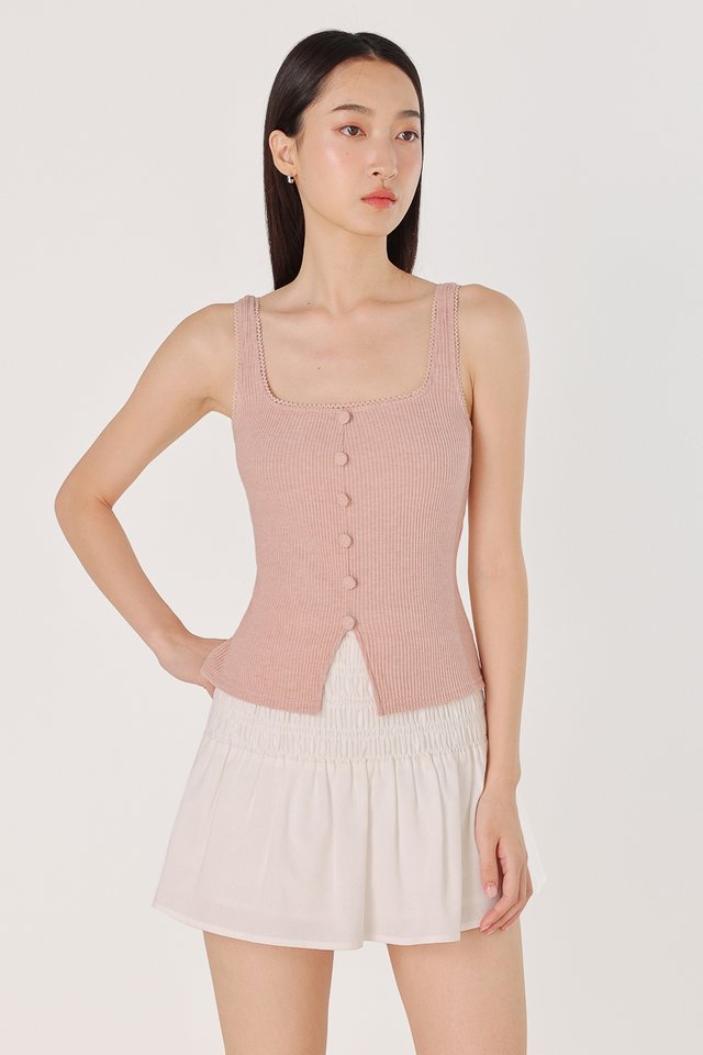 LEYNA EYELET TRIM SQUARE NECK RIBBED BUTTON TOP (PINK)