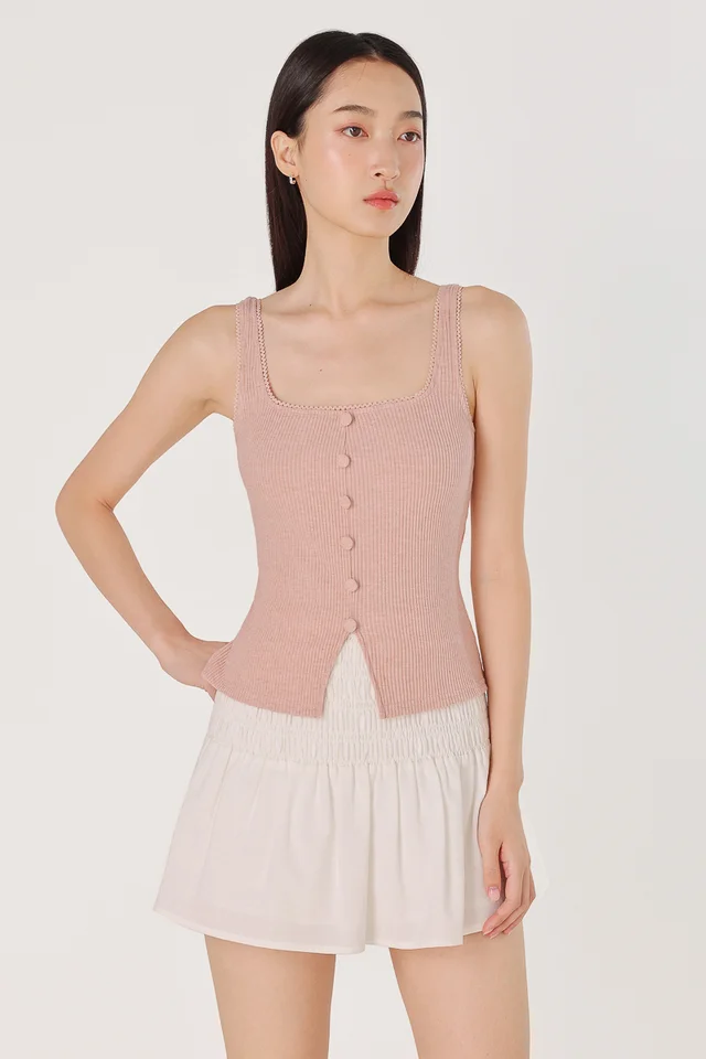 LEYNA EYELET TRIM SQUARE NECK RIBBED BUTTON TOP (PINK)
