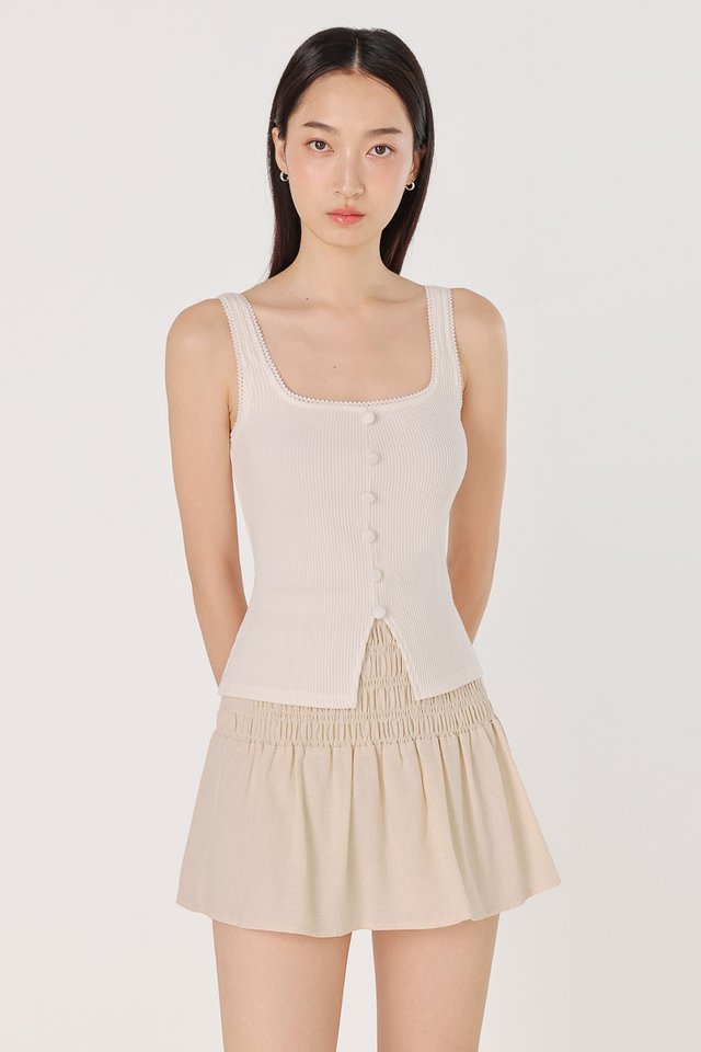 LEYNA EYELET TRIM SQUARE NECK RIBBED BUTTON TOP (WHITE)