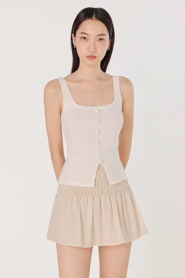 LEYNA EYELET TRIM SQUARE NECK RIBBED BUTTON TOP (WHITE)