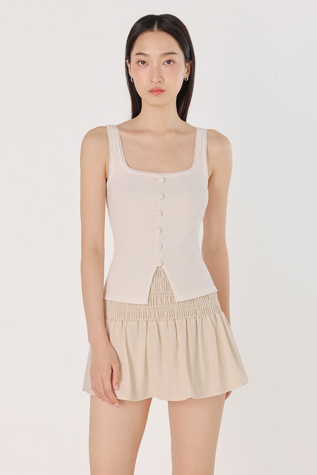 LEYNA EYELET TRIM SQUARE NECK RIBBED BUTTON TOP (WHITE)