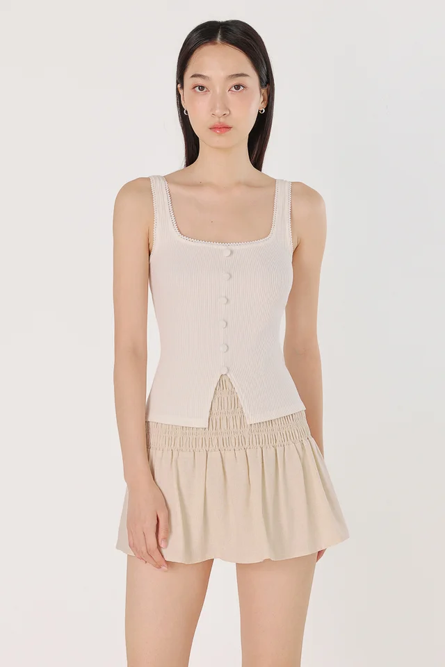 LEYNA EYELET TRIM SQUARE NECK RIBBED BUTTON TOP (WHITE)