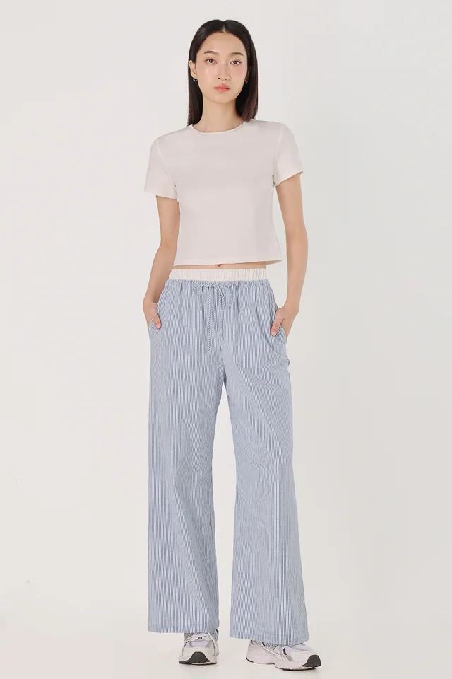 LESLEY STRIPED DRAWSTRING BOXER LOUNGE PANTS - PETITE (BLUE STRIPED)
