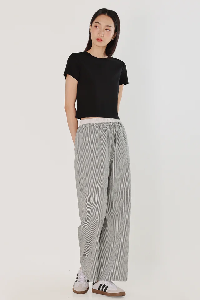 LESLEY STRIPED DRAWSTRING BOXER LOUNGE PANTS - PETITE (BLACK STRIPED)