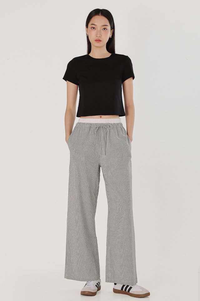 LESLEY STRIPED DRAWSTRING BOXER LOUNGE PANTS - PETITE (BLACK STRIPED)