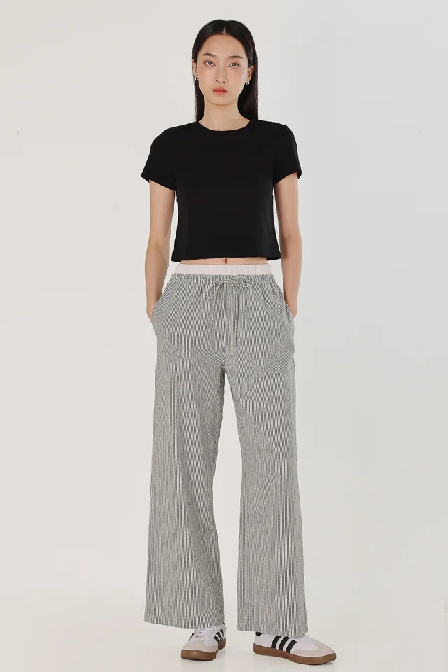 LESLEY STRIPED DRAWSTRING BOXER LOUNGE PANTS - REGULAR (BLACK STRIPED)