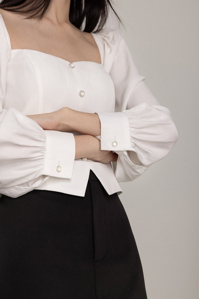 LOUELLA PADDED VINTAGE BUTTON LONG SLEEVE TOP (WHITE)