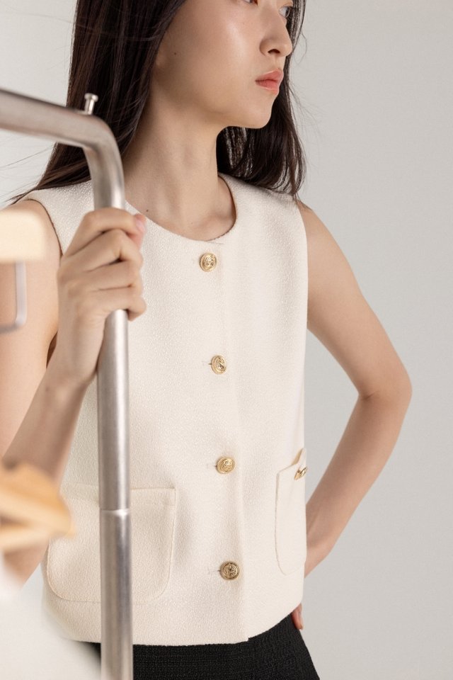 LENORA TWEED VINTAGE BUTTON POCKET VEST TOP (CHAMPAGNE)