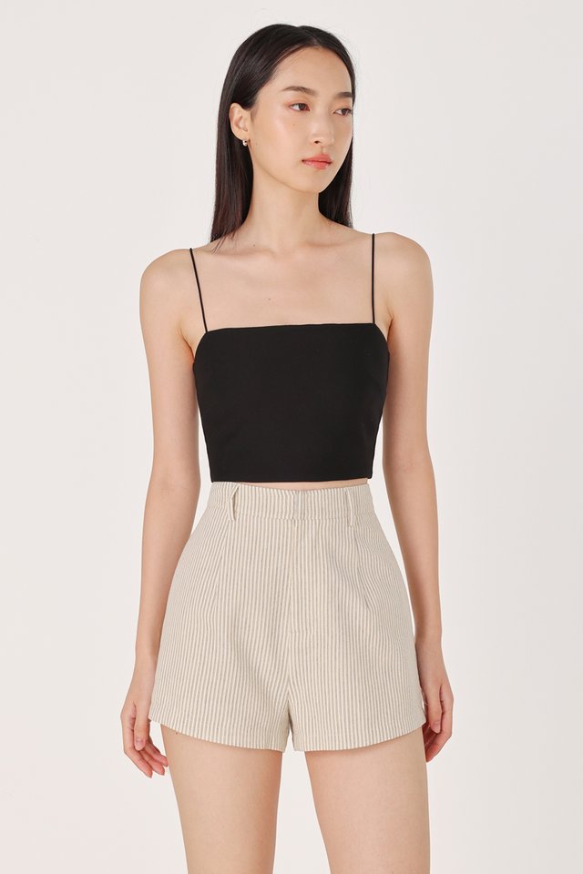 NOELLA LINEN BASIC PINSTRIPE SHORTS (OAT WITH BLACK STRIPED)