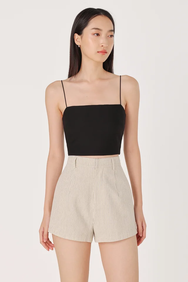 NOELLA LINEN BASIC PINSTRIPE SHORTS (OAT WITH BLACK STRIPED)