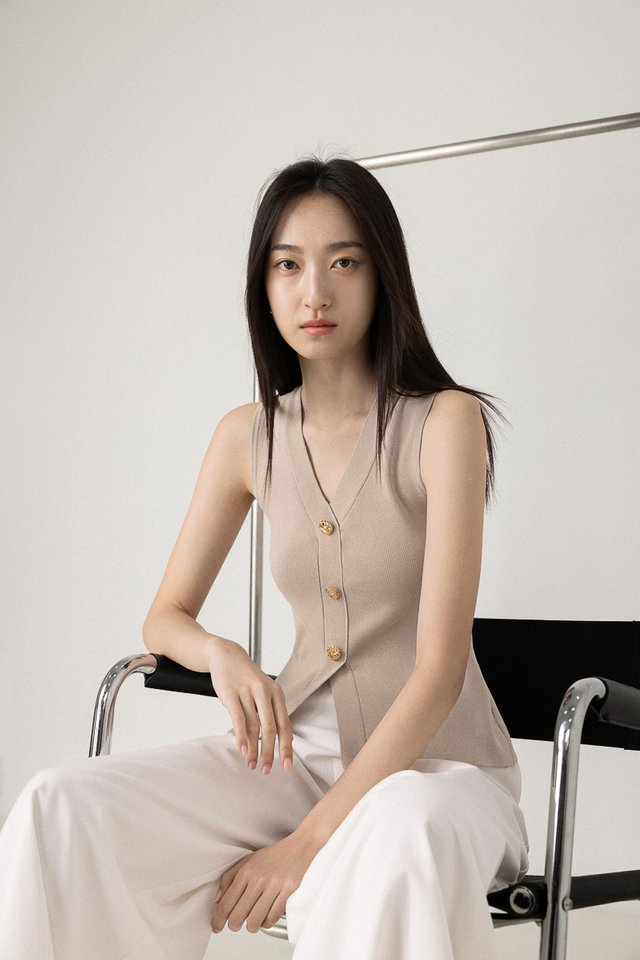 TESSI VINTAGE BUTTON VEST KNIT TOP (TAUPE)