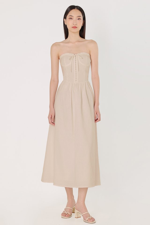 LEIGH PADDED LINEN CORSET RIBBON TUBE MIDAXI DRESS (NATURAL)