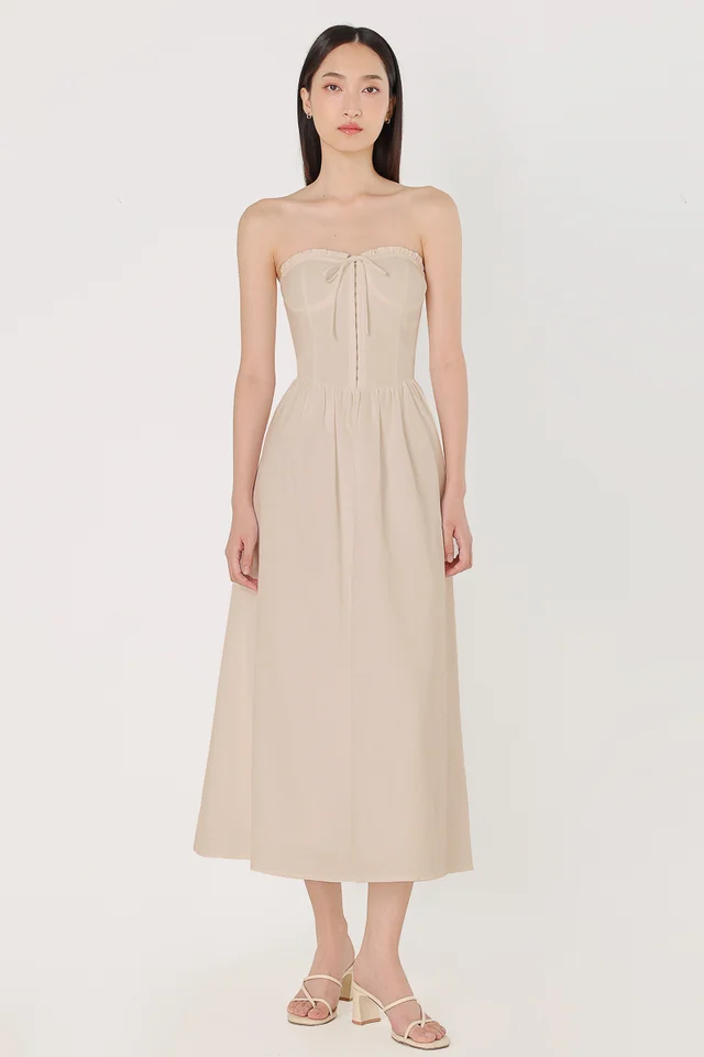 LEIGH PADDED LINEN CORSET RIBBON TUBE MIDAXI DRESS (NATURAL)