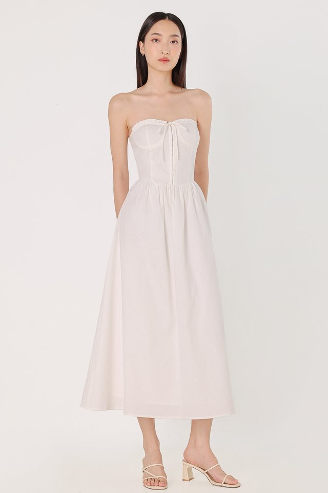 LEIGH PADDED LINEN CORSET RIBBON TUBE MIDAXI DRESS (WHITE)
