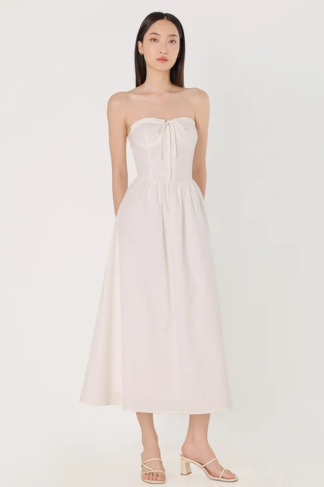 LEIGH PADDED LINEN CORSET RIBBON TUBE MIDAXI DRESS (WHITE)