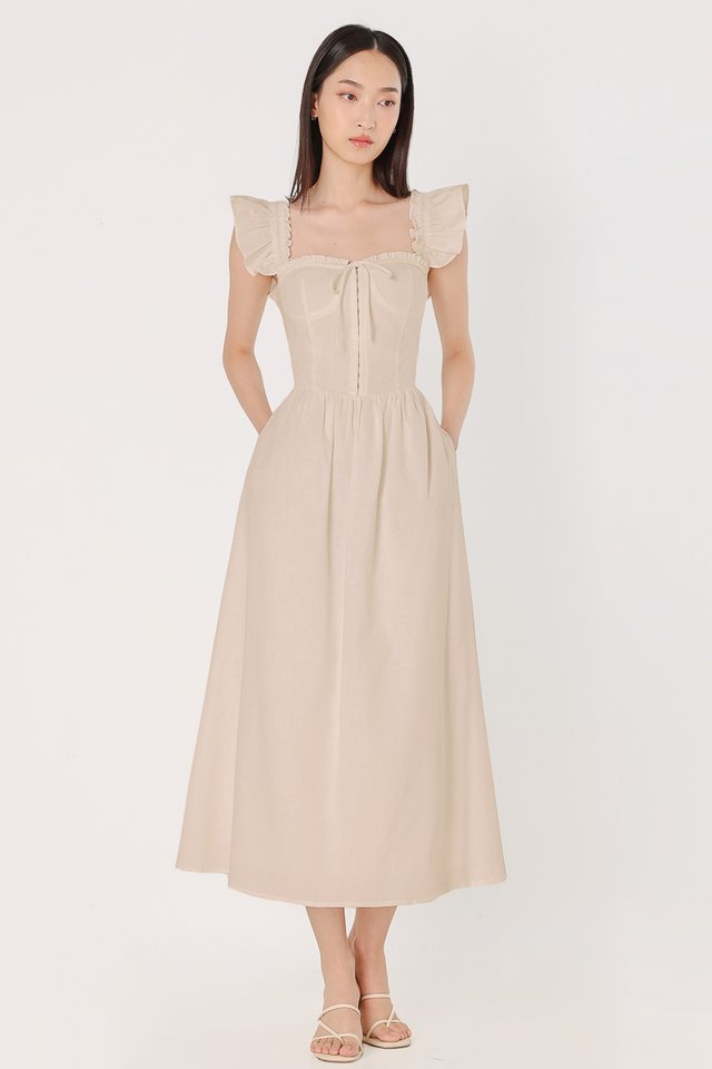 LEIGH PADDED LINEN CORSET RIBBON TUBE MIDAXI DRESS (NATURAL)