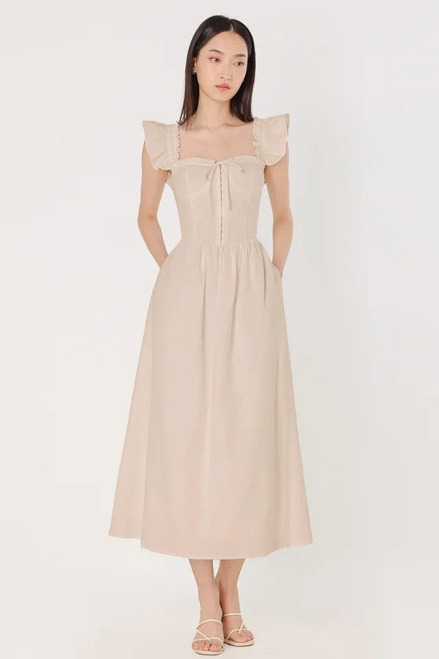LEIGH PADDED LINEN CORSET RIBBON TUBE MIDAXI DRESS (NATURAL)