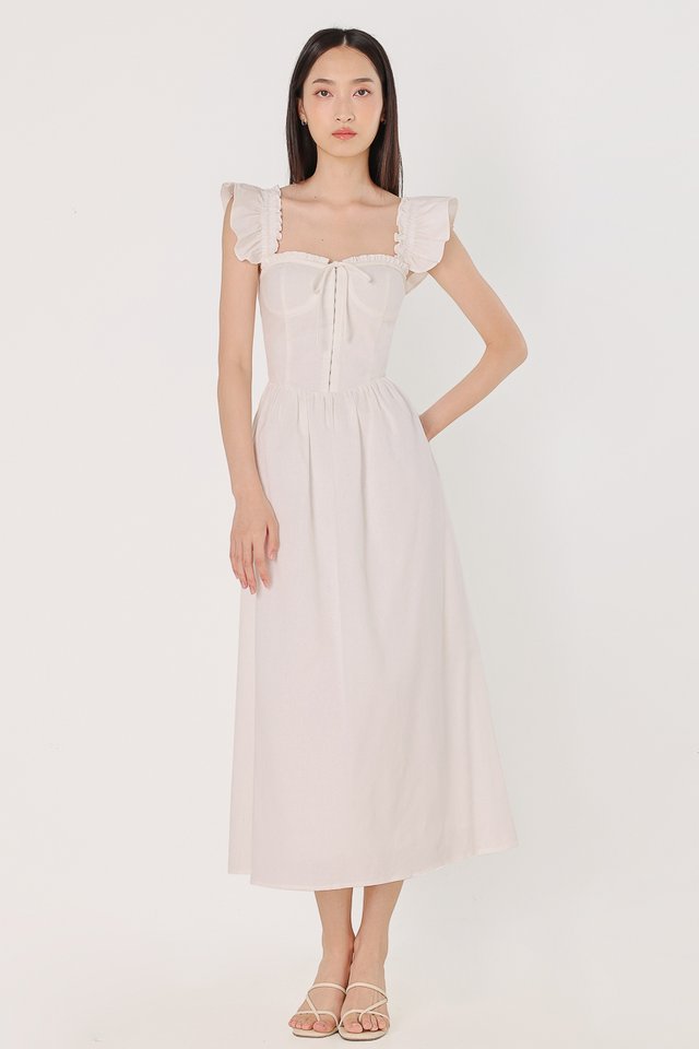 LEIGH PADDED LINEN CORSET RIBBON TUBE MIDAXI DRESS (WHITE)