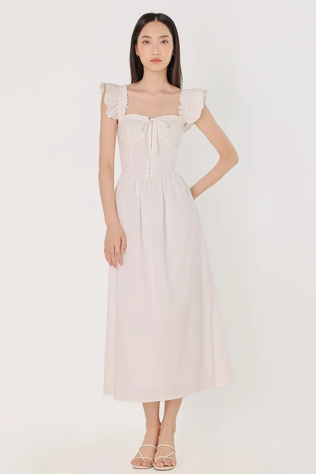LEIGH PADDED LINEN CORSET RIBBON TUBE MIDAXI DRESS (WHITE)
