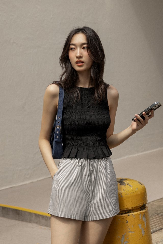 ANNABELLE LINEN BOAT NECK RUFFLE HEM SMOCKED TOP (BLACK)