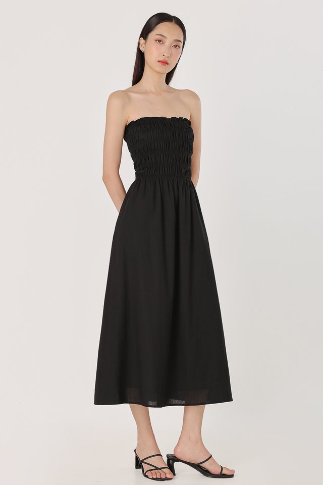 CASSAN PADDED LINEN RUCHED TUBE MIDAXI DRESS (BLACK)