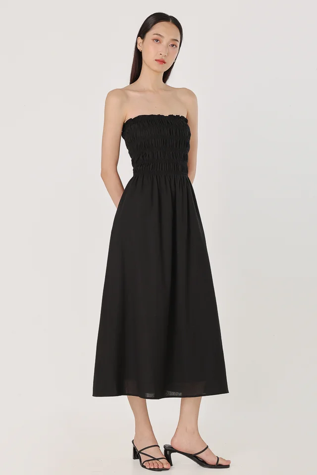 CASSAN PADDED LINEN RUCHED TUBE MIDAXI DRESS (BLACK)