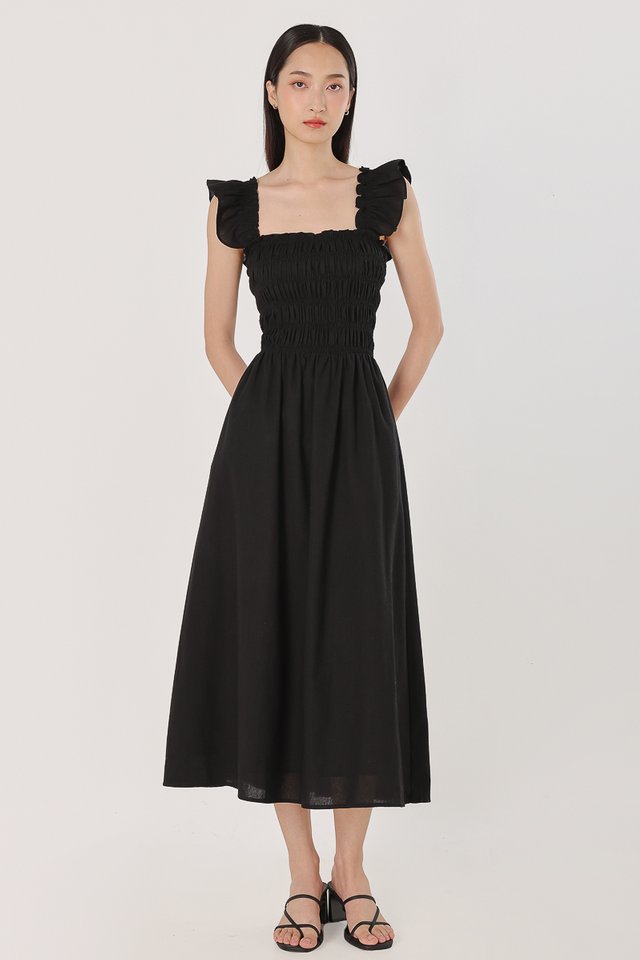 CASSAN PADDED LINEN RUCHED TUBE MIDAXI DRESS (BLACK)