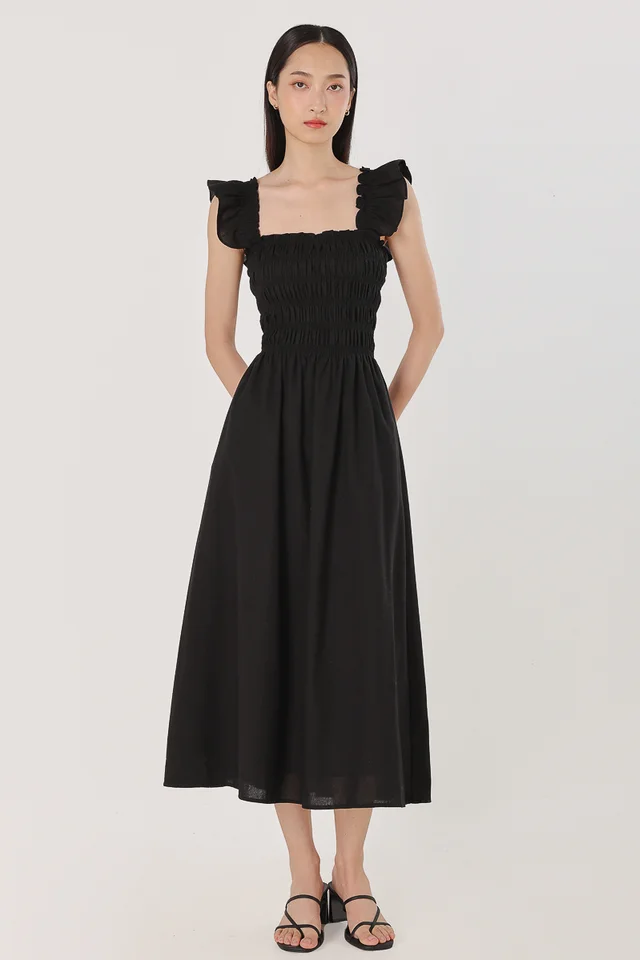 CASSAN PADDED LINEN RUCHED TUBE MIDAXI DRESS (BLACK)