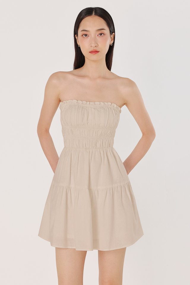 KAYLIE PADDED LINEN SWEETHEART RUCHED TUBE MINI DRESS (NATURAL)
