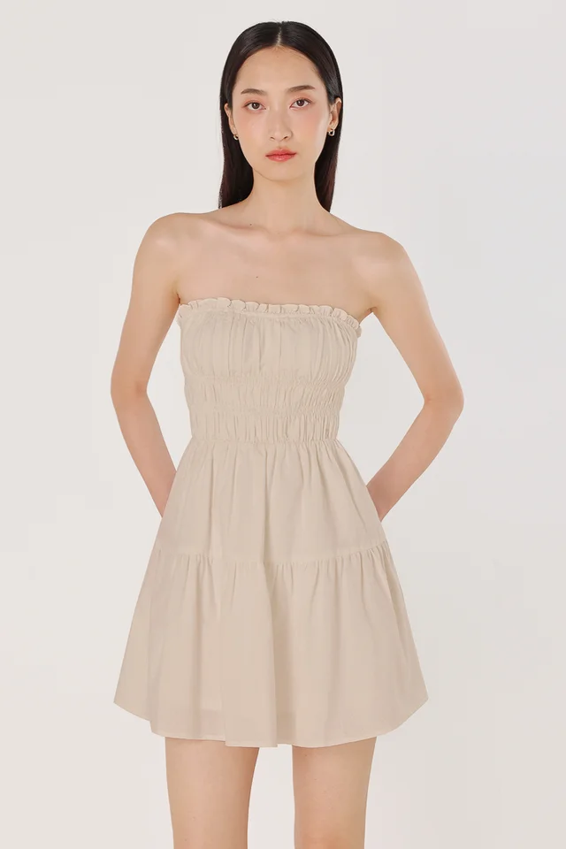 KAYLIE PADDED LINEN SWEETHEART RUCHED TUBE MINI DRESS (NATURAL)