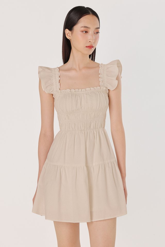 KAYLIE PADDED LINEN SWEETHEART RUCHED TUBE MINI DRESS (NATURAL)