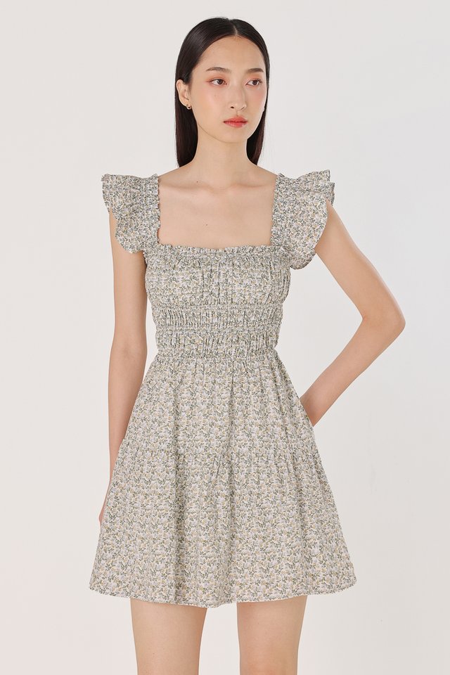 KAYLIE PADDED LINEN SWEETHEART RUCHED TUBE MINI DRESS (FLORAL)